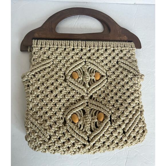 Handmade Ivory/Brown Boho Crochet Knit Macrame Beaded Wooden Handles Bag Purse - Picture 1 of 8